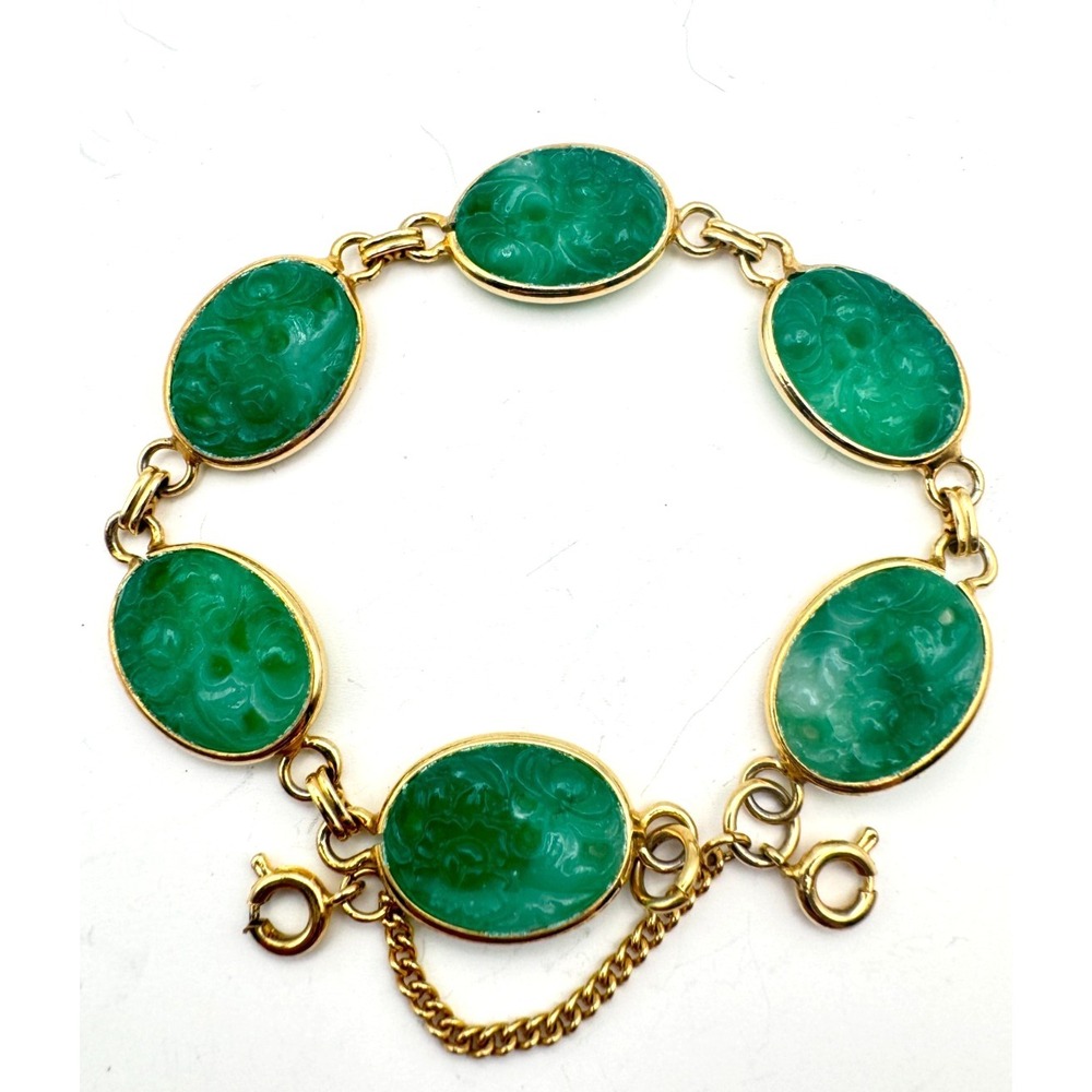 Vintage Molded Bracelet Art Deco Green Carved Oval Link